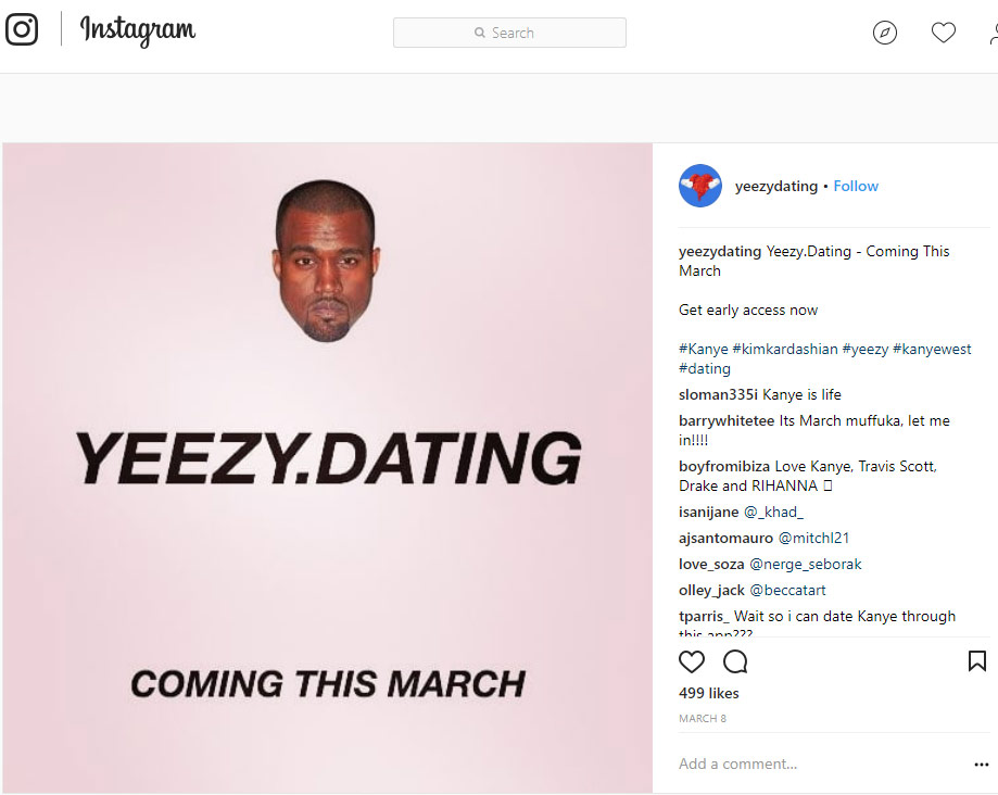 Yeezy Dating website on Instagram