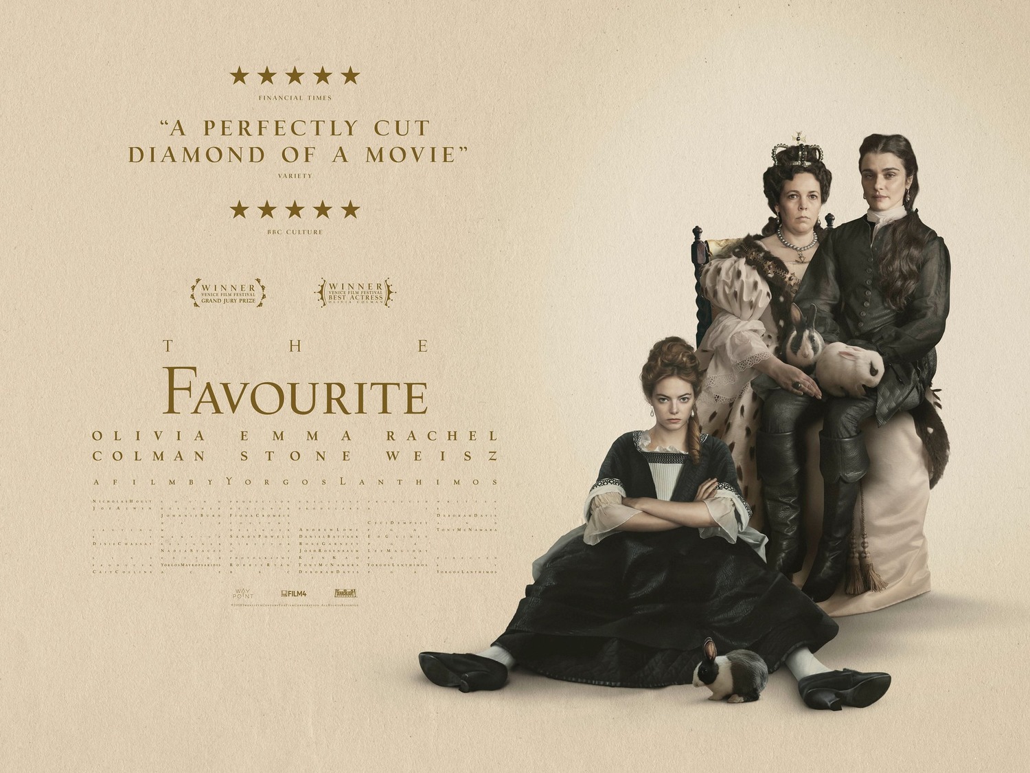 The Favourite starring Emma Stone, Rachel Weisz, Olivia Colman