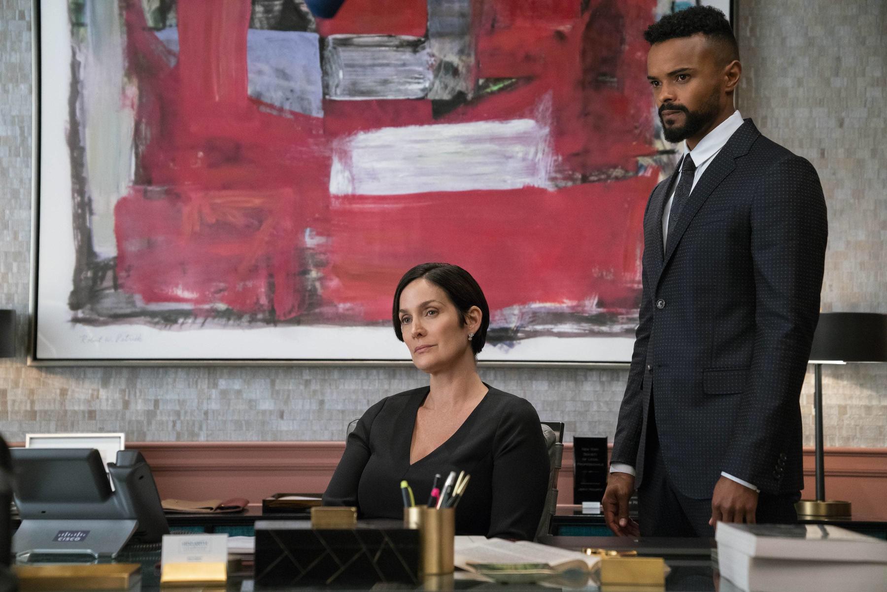 Carrie-Anne Moss and Eka Darville in Marvel's Jessica Jones Carrie-Anne Moss and Eka Darville in Marvel's Jessica Jones