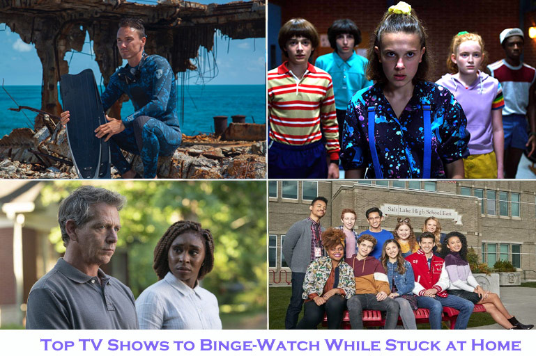 Clockwise from top left: Sharkwater Extinction, Stranger Things, High School Musical: The Musical - The Series and The Outsider