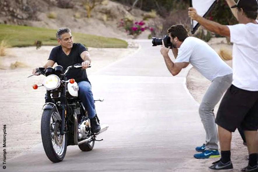 George Clooney filming for Triumph motorcycles