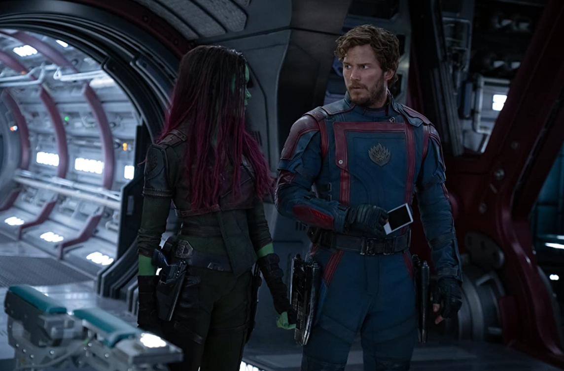 Zoe Saldana and Chris Pratt in Guardians of the Galaxy Vol. 3 Photo: Jessica Miglio / Disney